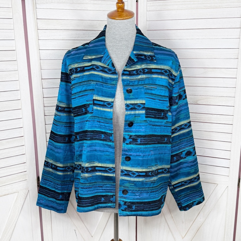 Chicos Silk Western Native Print Shirt Jacket Shacket Turquoise Blue Medium 1
